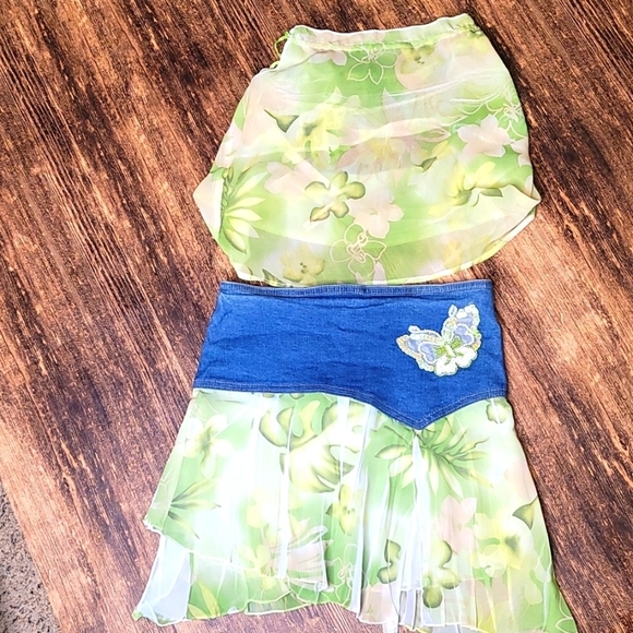 Ave Blu Other - Ave Blu boutique 2 piece tank & jean skirt set sz 7 green floral pearls girls